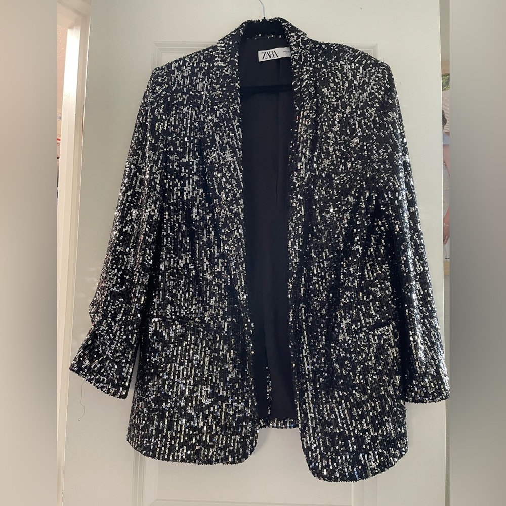 Zara Black Sequin Open-Front Blazer